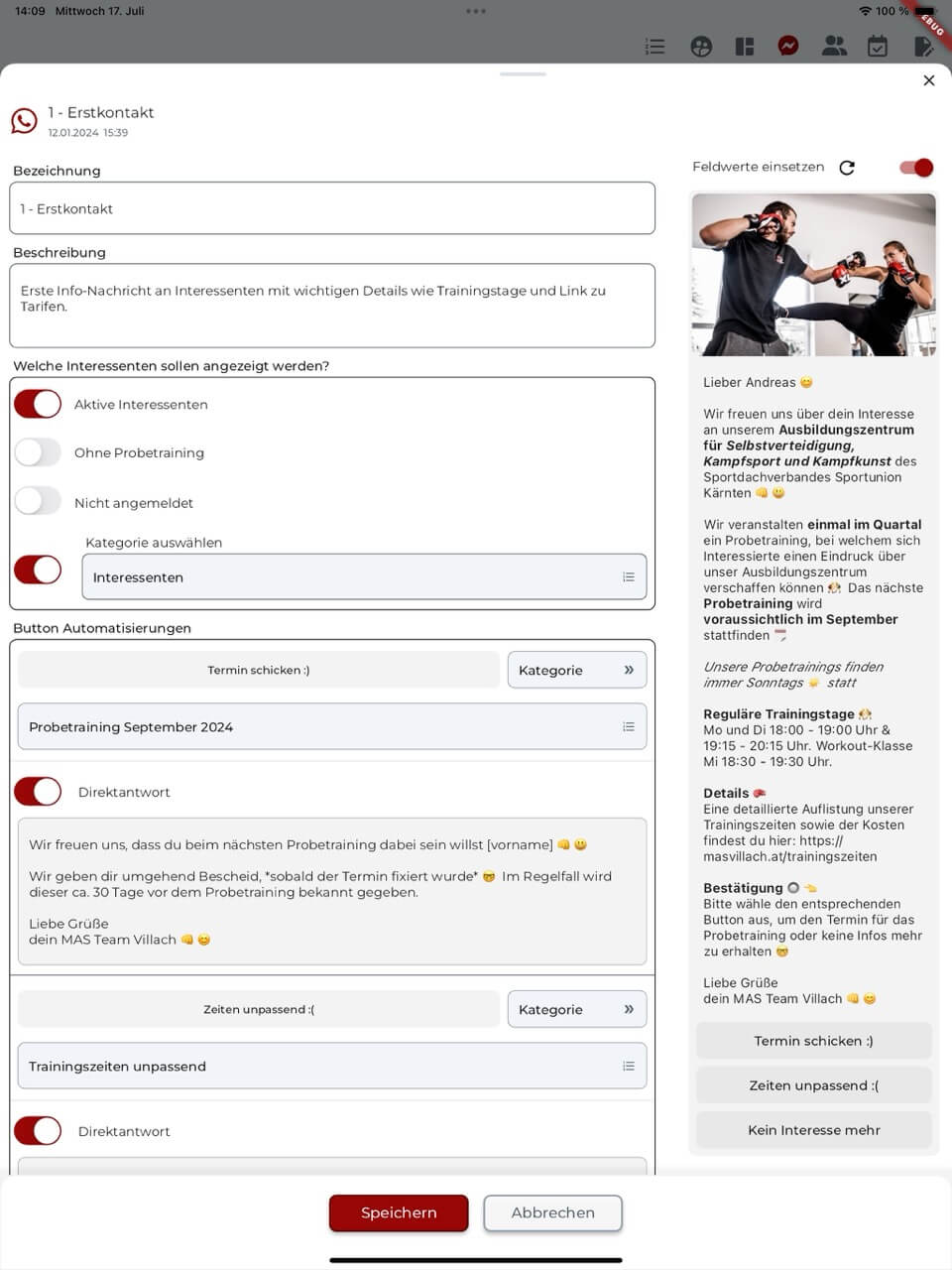 MAS Trial Training App zur Verwaltung von Probetrainings auf Tablet